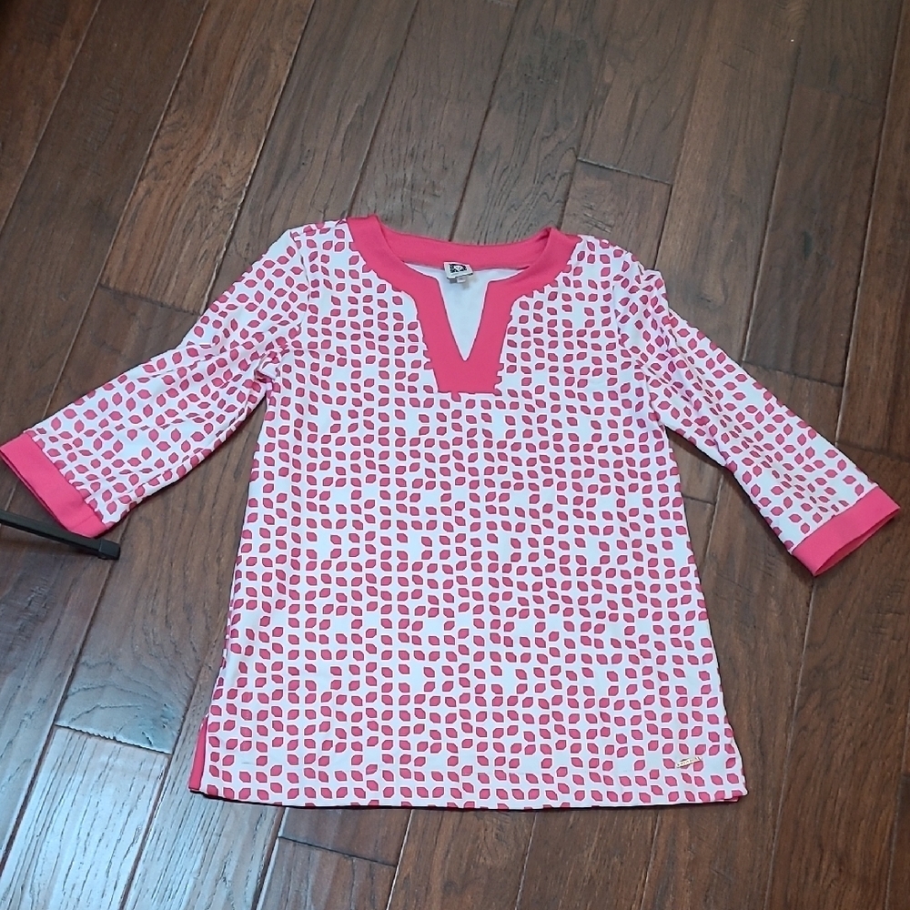 Anne Klein Pink & White Patterned V-neck Tunic Top size Medium